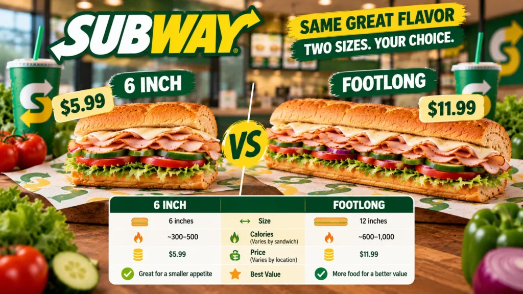 Subway 6 Inch versus Footlong sandwich comparison.