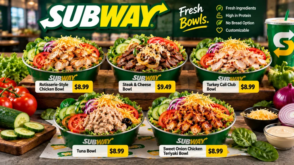 Subway Bowl menu with prices and popular protein bowl options.