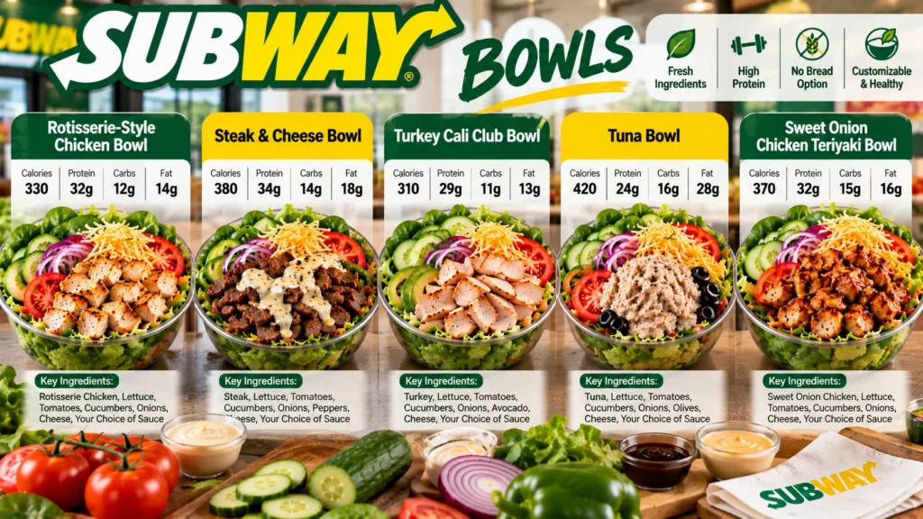 Subway Bowl calories and nutrition comparison chart.