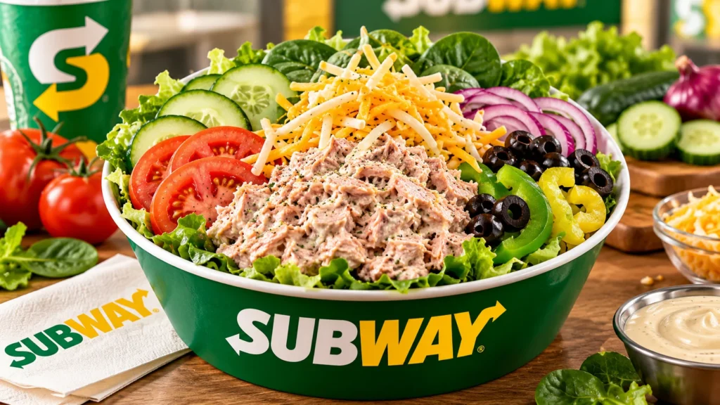 Subway Tuna Bowl with tuna salad, fresh vegetables, and shredded cheese.