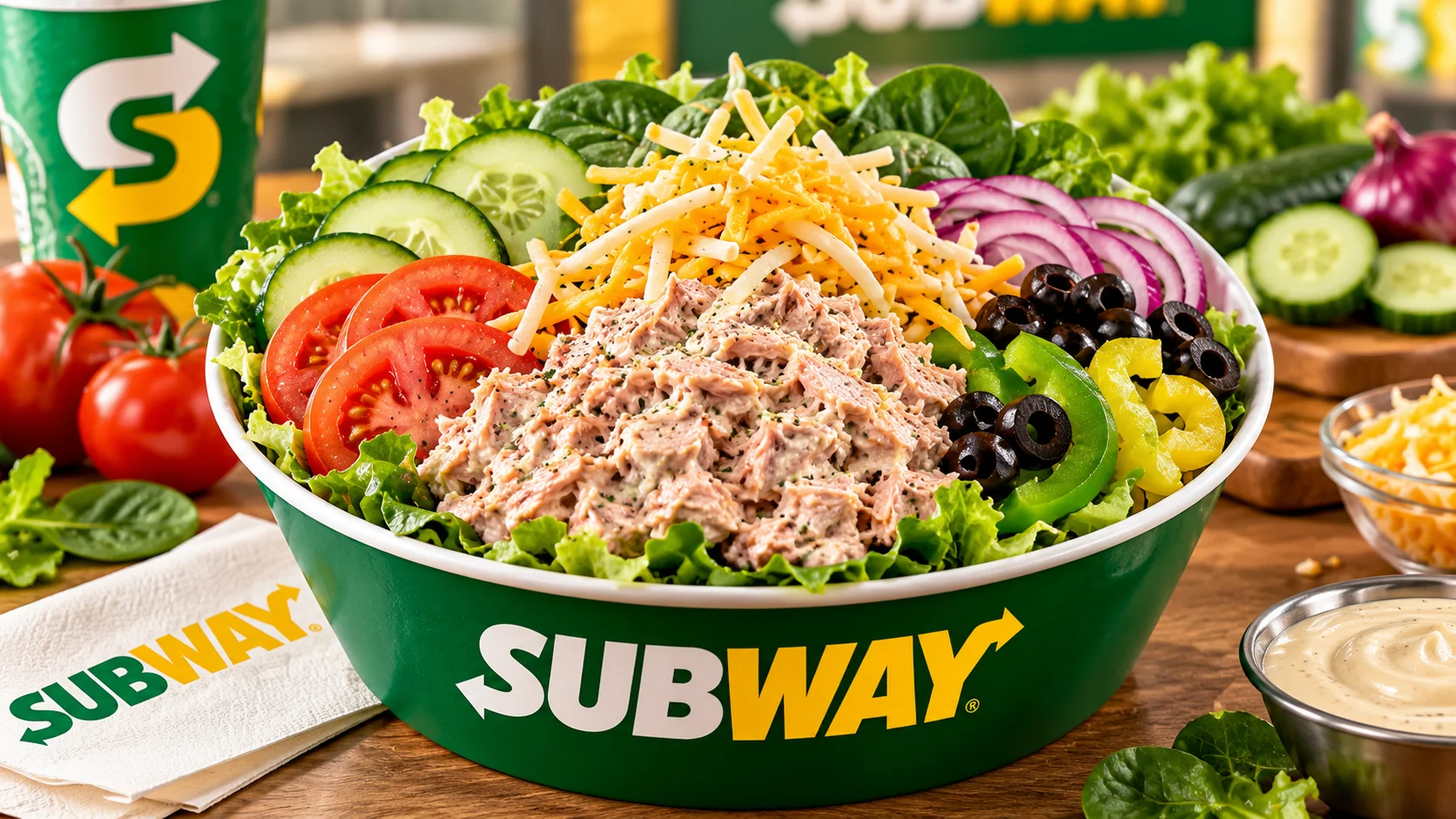 Subway Tuna Bowl with tuna salad, fresh vegetables, and shredded cheese.