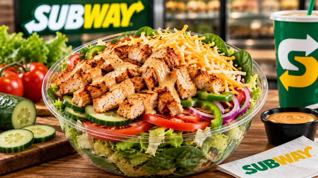 Subway protein bowl with grilled chicken and fresh vegetables.