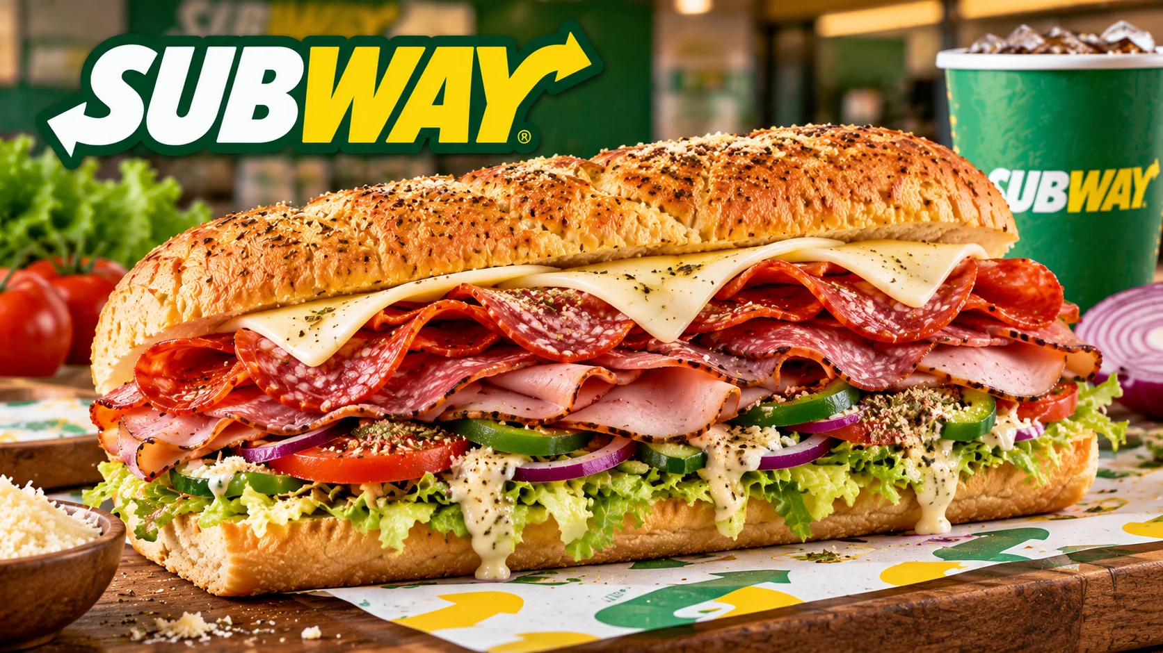 Ultimate B.M.T. Subway sandwich with salami, pepperoni, ham, provolone cheese, and fresh vegetables.