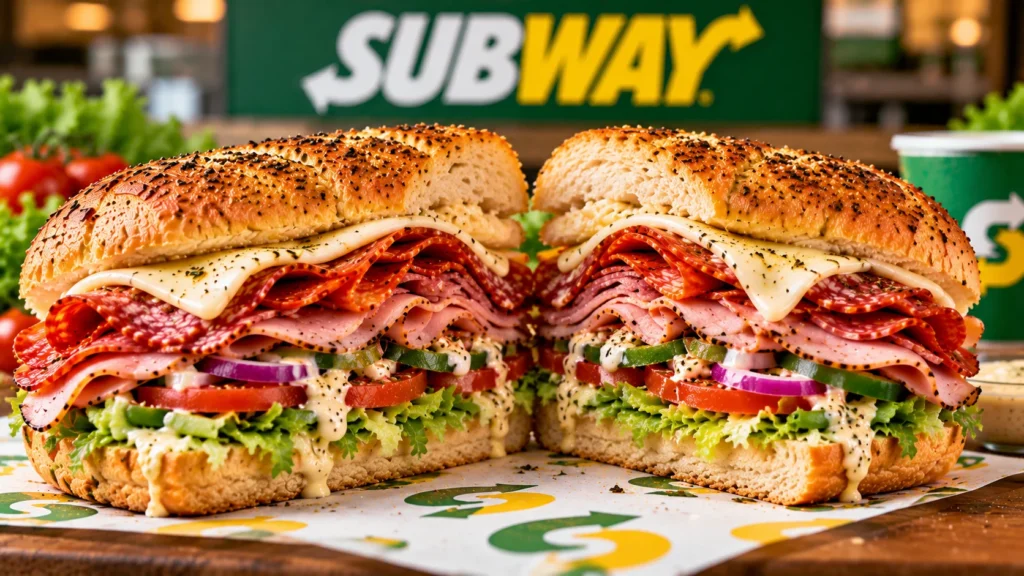 Close-up of Ultimate B.M.T. sandwich showing ingredients.