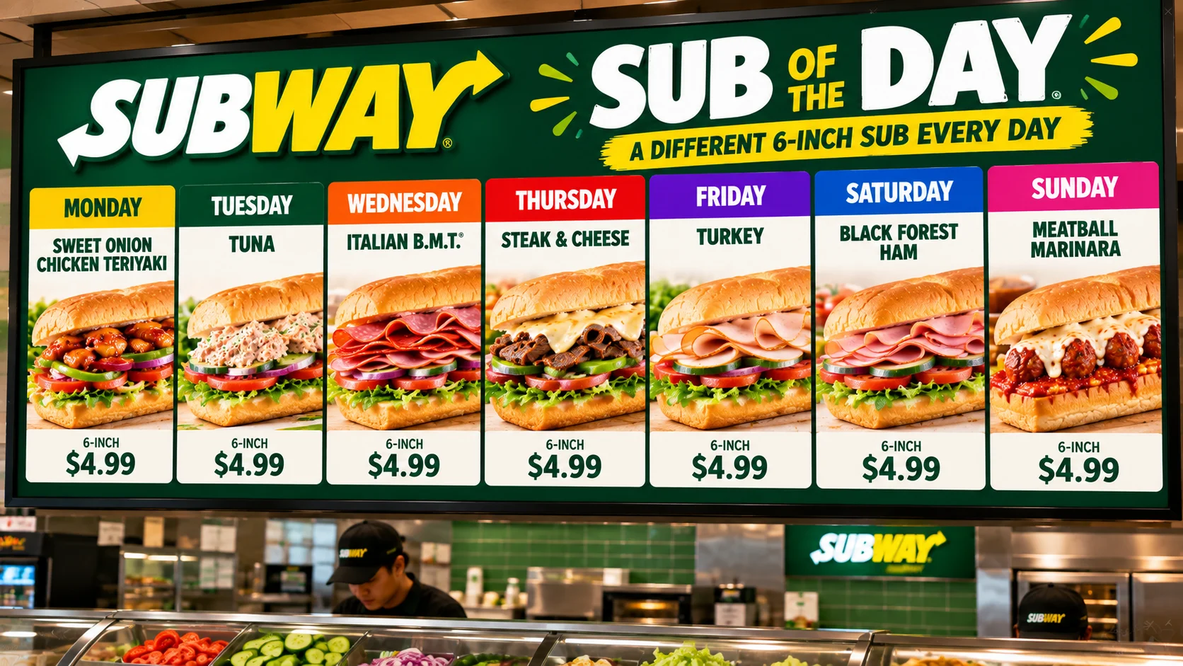 Subway Sub of the Day weekly sandwich schedule.