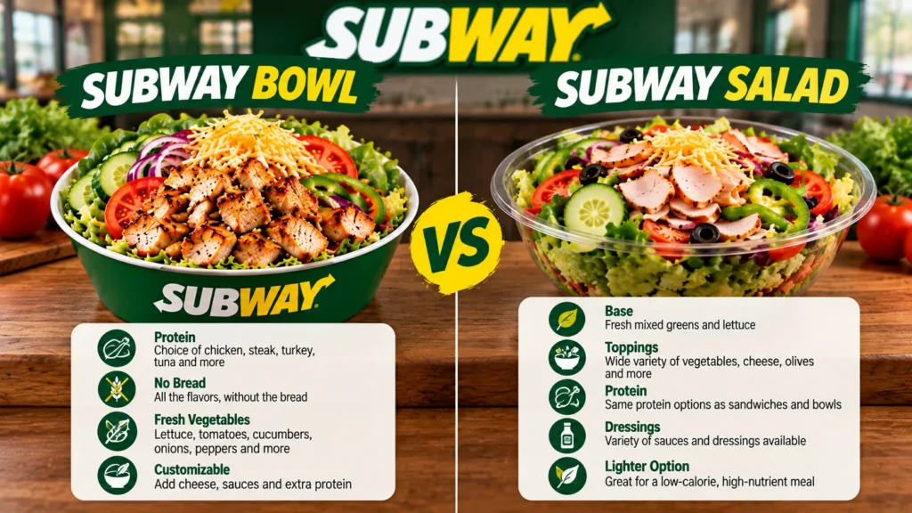 Subway Bowl versus Subway Salad comparison with protein and vegetables.