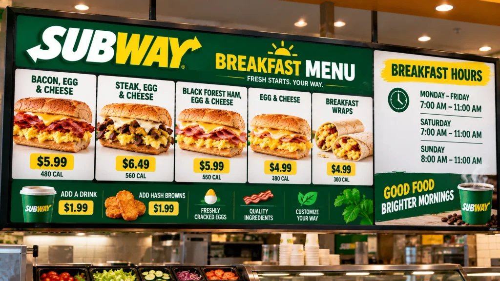 Subway breakfast hours and breakfast menu board.