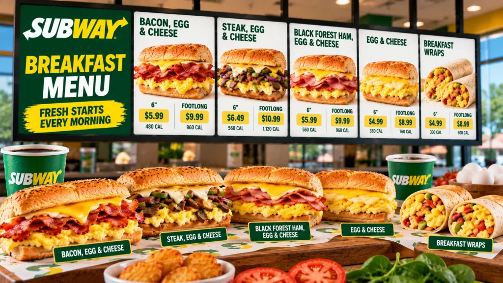 Subway breakfast menu with prices.