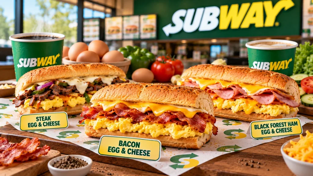 Subway breakfast sandwiches with coffee and breakfast ingredients.