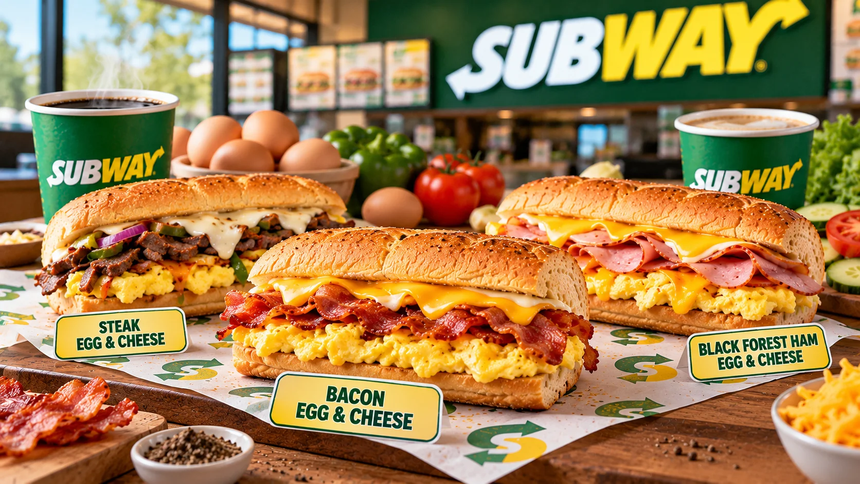 Subway breakfast sandwiches with coffee and breakfast ingredients.