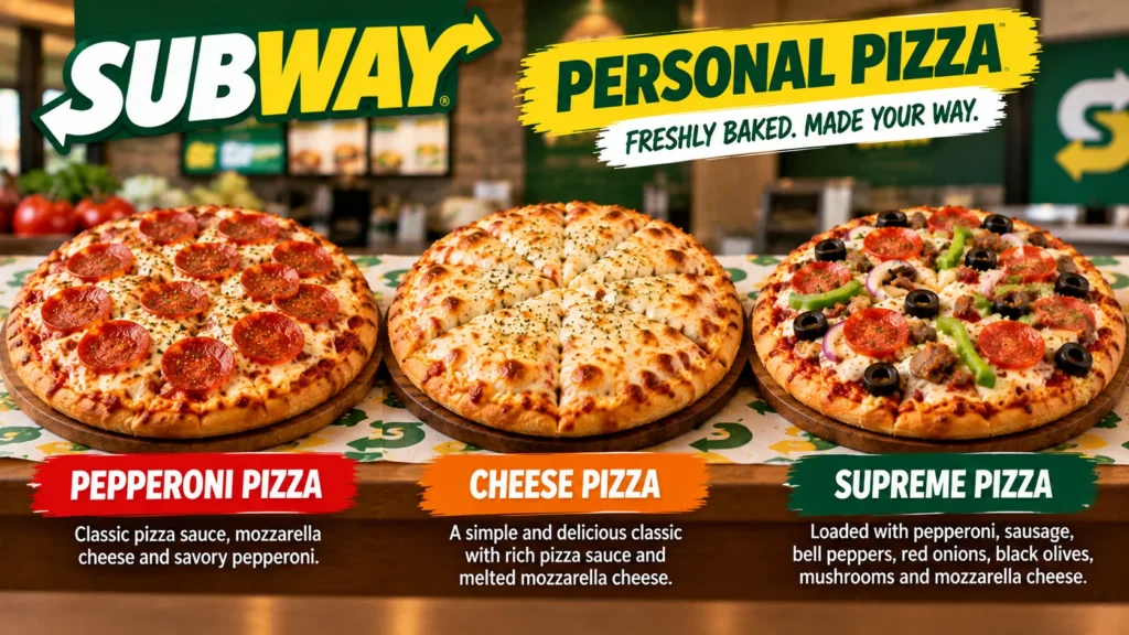 Subway Personal Pizza menu showing pepperoni, cheese, and supreme pizzas.