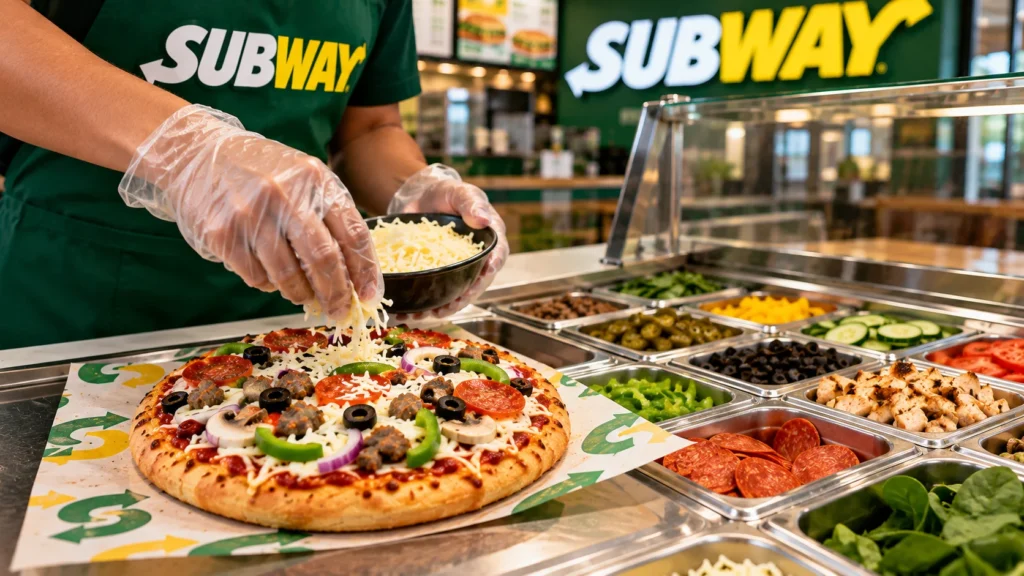 Custom Subway Personal Pizza with fresh toppings.