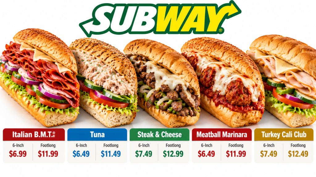 Popular Subway sandwiches with prices and ingredients.