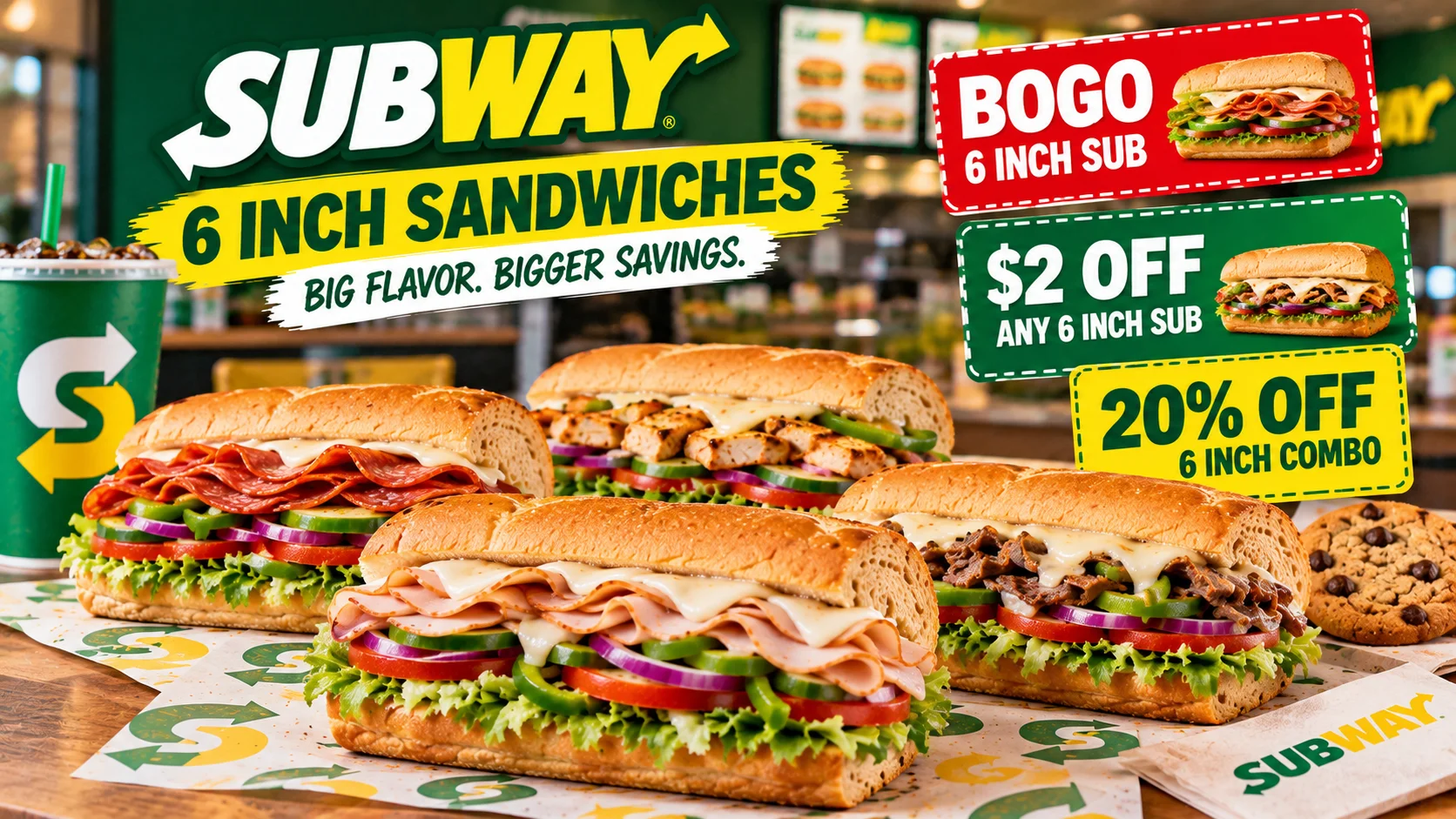 Subway 6 Inch sandwiches with coupons and discount offers.