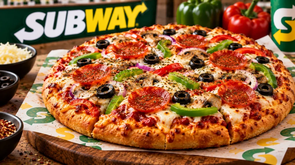 Subway Personal Pizza with popular toppings and melted cheese.