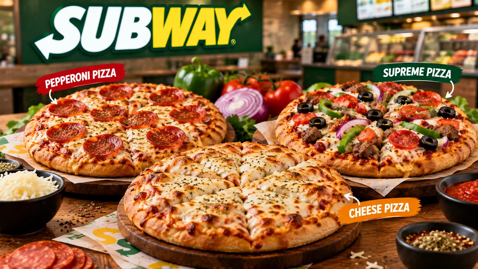 Assorted Subway Personal Pizzas with cheese, pepperoni, and vegetable toppings.