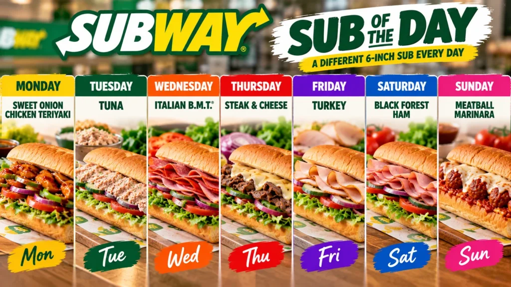 Subway Sub of the Day weekly schedule featuring seven daily sandwich specials.