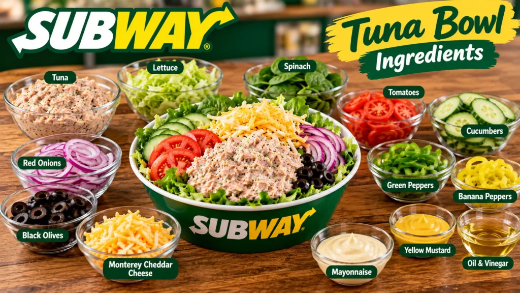 Ingredients used in a Subway Tuna Bowl including tuna, vegetables, and cheese.