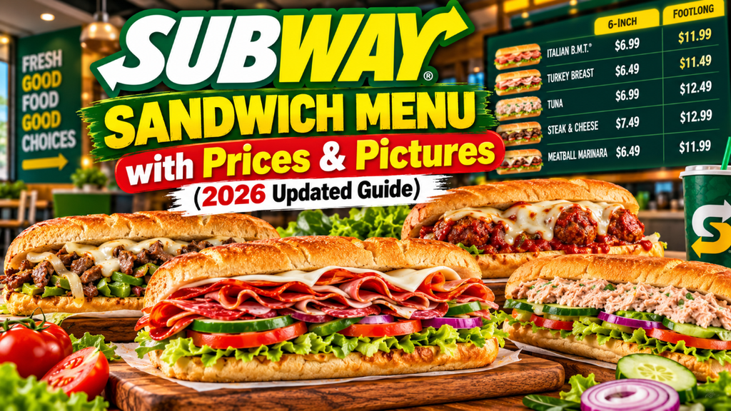 Subway sandwich menu with prices and pictures displayed on a restaurant counter.