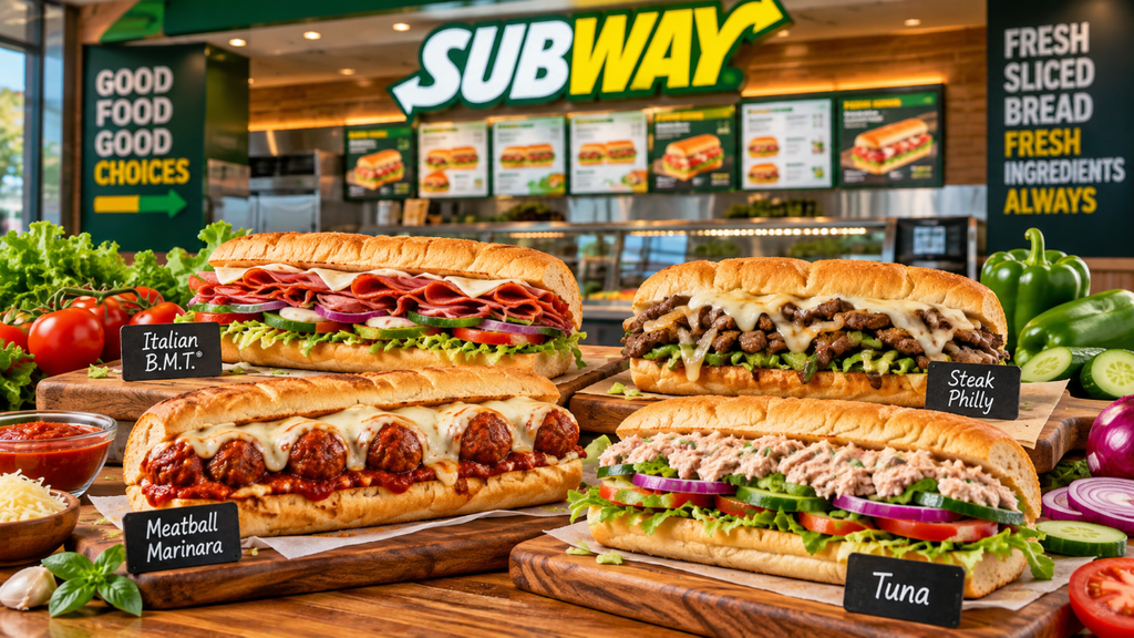 Subway sandwich menu with prices and pictures displayed on a restaurant counter.