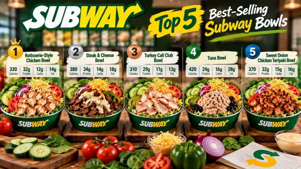 Best Subway Bowls featuring steak, chicken, turkey, and tuna options.