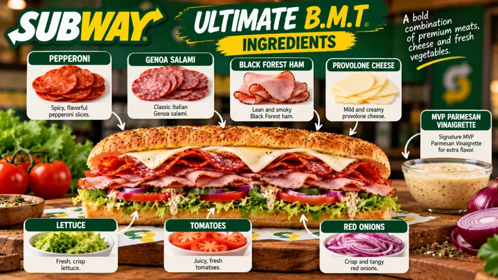Ingredients used in the Subway Ultimate B.M.T. sandwich.